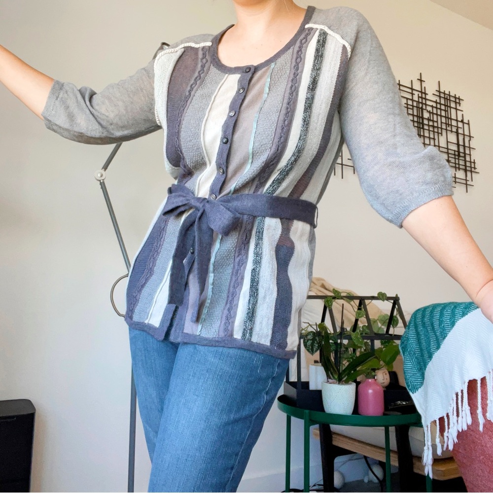 Mixed Media Wool Knit Sweater Cardigan with Belt - M